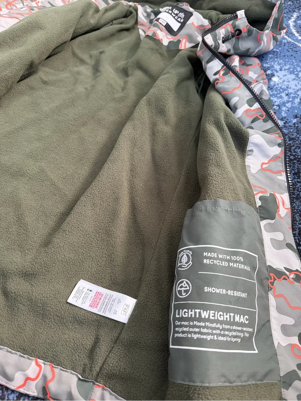 F&F Green Grey Camo Kids Hooded Raincoat with Orange Trim